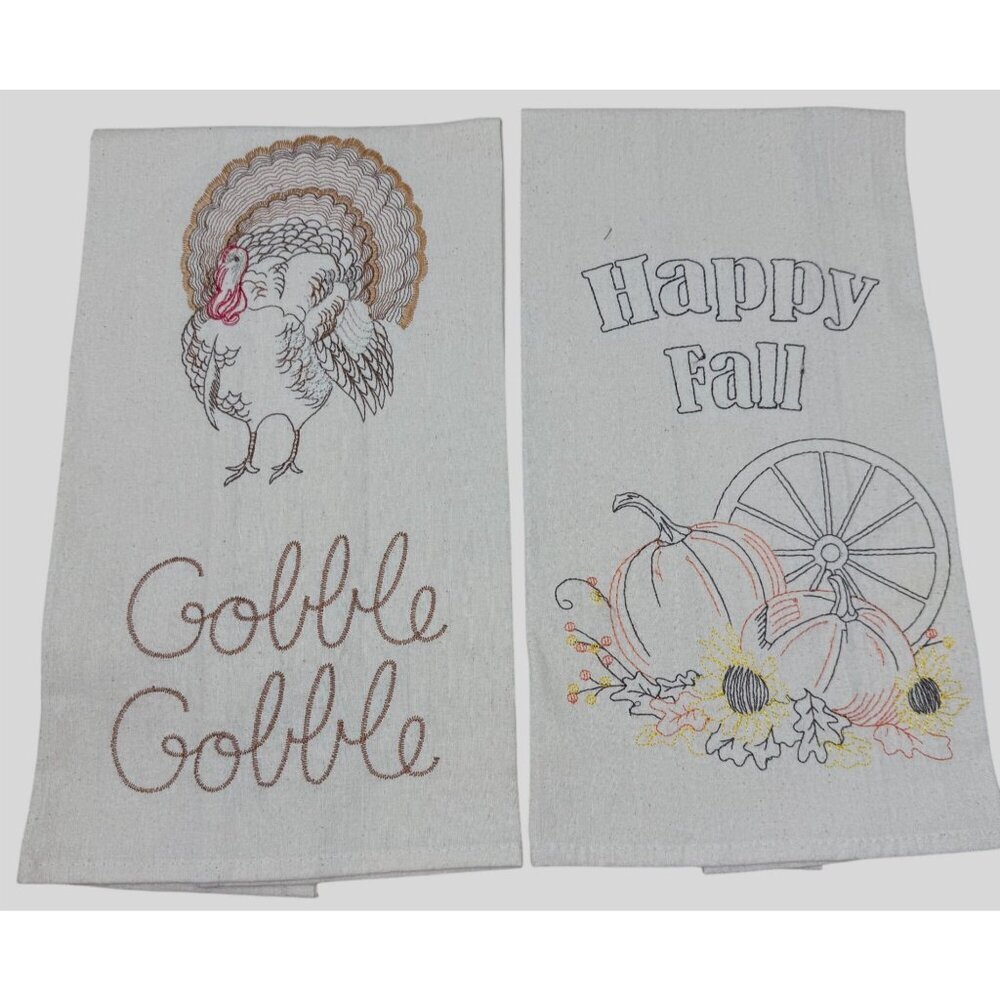 Thanksgiving Fall Embroidered Kitchen Towels Turkey Pumpkin Bon Ton Cotton
